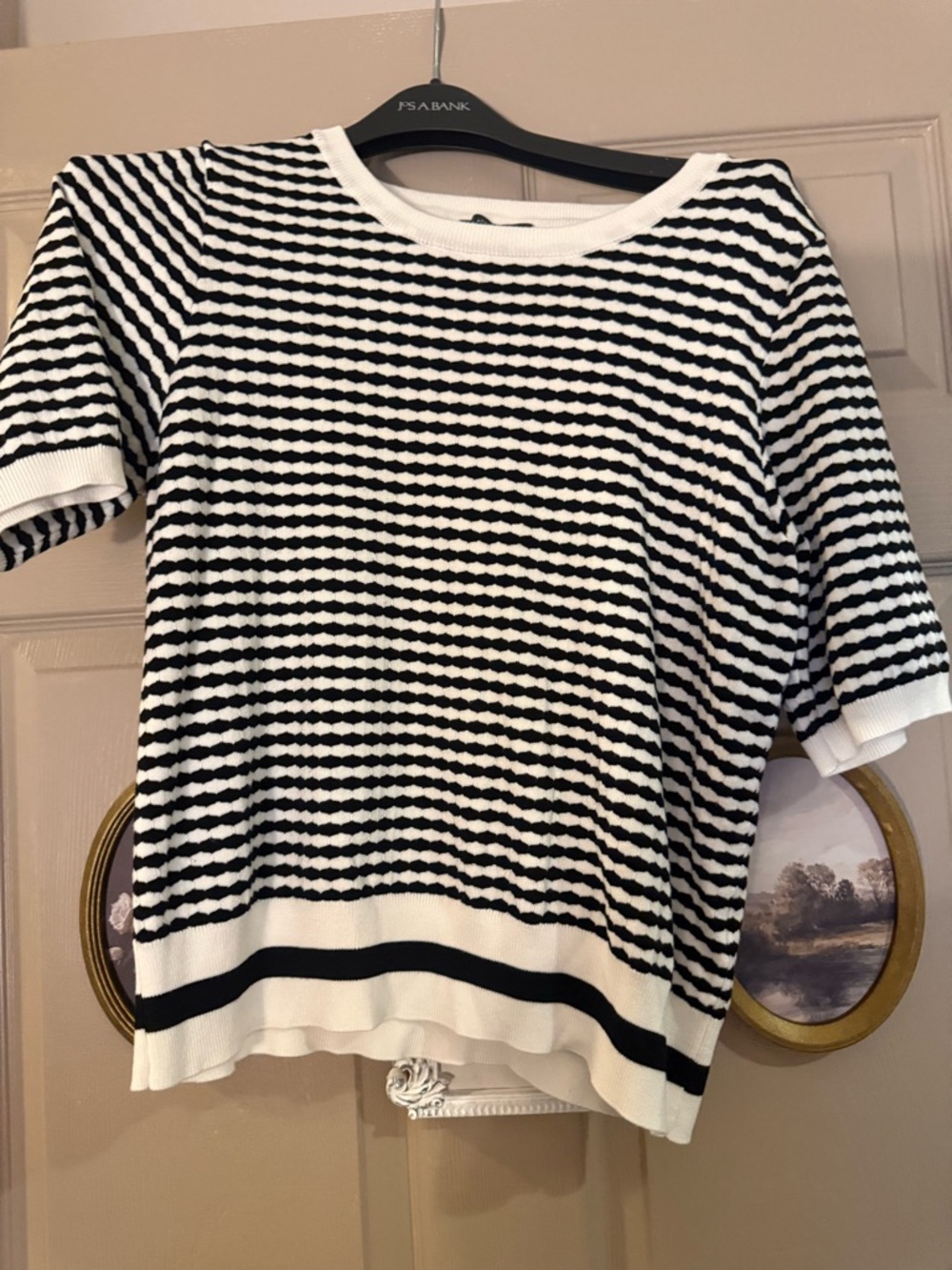 Adrianna Papell Black & White Striped Short Sleeve Knit Top